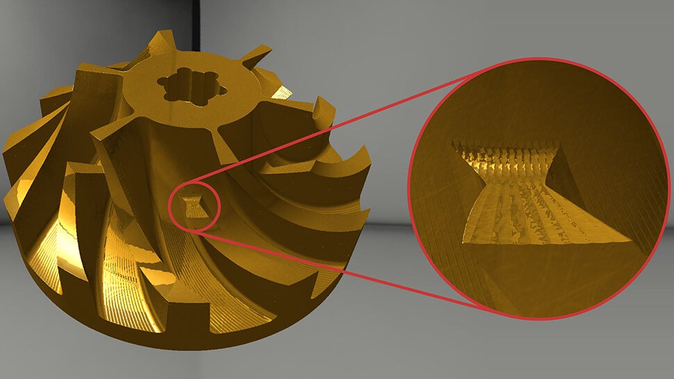 Werkstück Impeller mit Detailausschnitt zur Illustration der Darstellungsgenauigkeit (exakte Darstellung der Verschneidung der Hüllvolumen paralleler Werkzeugbahnen). Bilder: RISC Software