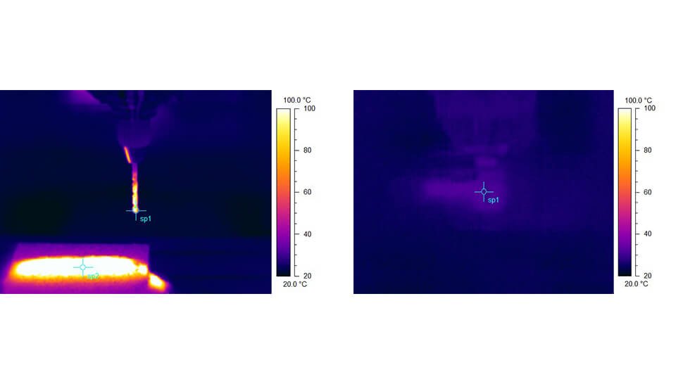Die Auswirkung der Wärmeverteilung beim Bohren (39 Bohrungen) im Werkstoff EN-GJL-250. Bild links: Trockenbearbeitung mit vc = 50 m/min; vf = 250 mm/min. Bild rechts: Minimalmengenschmierung mit vc = 120 m/min; vf = 900 mm/min.