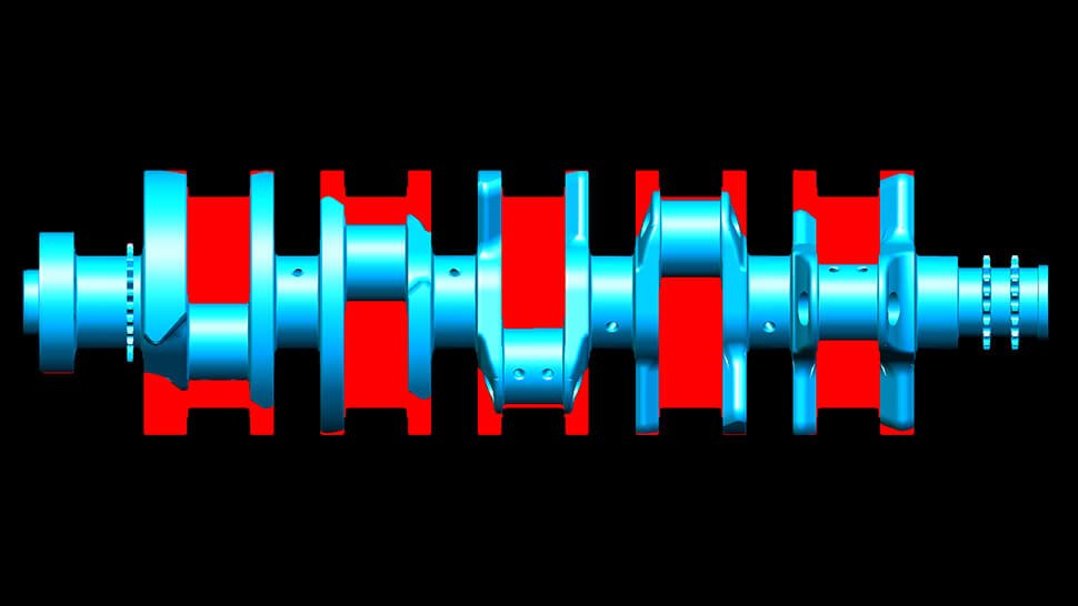 Aus nicht vollständig rotationssymmetrischen 3D-Daten, wie Volumen oder Netzen, erstellt Tebis automatisch ein Rotationsprofil. So erkennt man sofort, welche Bereiche des Bauteils nicht fertig gedreht werden können: Sie sind rot eingefärbt. Bilder: Tebis