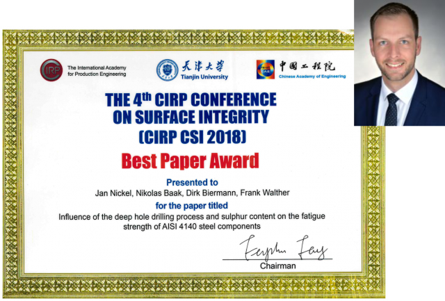 Best Paper Award der 4th CIRP Conference on Surface Integrity (CIRP CSI 2018) in Tianjin, China