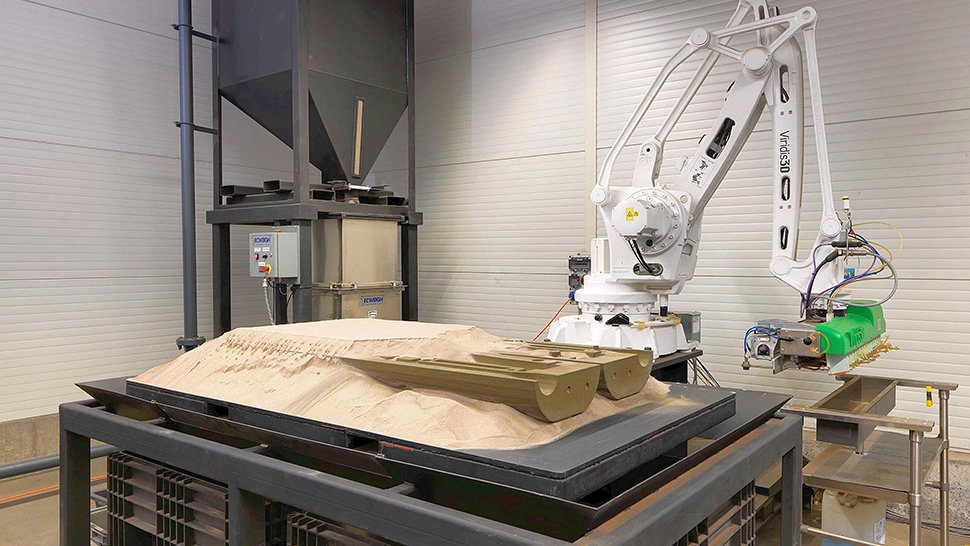 Mit dem 3D-Sanddrucker kann die Gießerei Blöcher in Rekordzeit einsatzfertige und geometrisch komplexe Gussformen realisieren. 