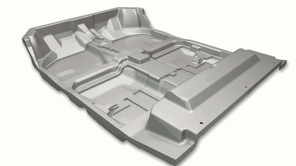 Die Realisierung großer Aluminiumformwerkzeuge für die Kunststofftechnik gehört zu den Kernkompetenzen der Gießerei Blöcher. Das Bild zeigt ein Werkzeug zur Herstellung einer komplexen Fahrzeugbodenschale. 
