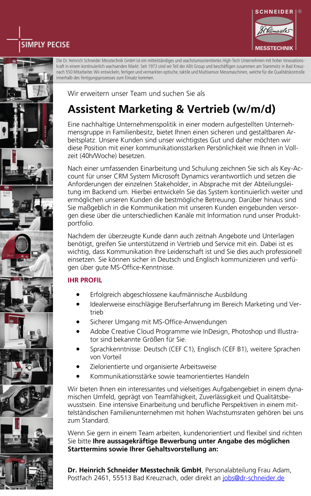 Jobbörse: Assistent Marketing & Vertrieb